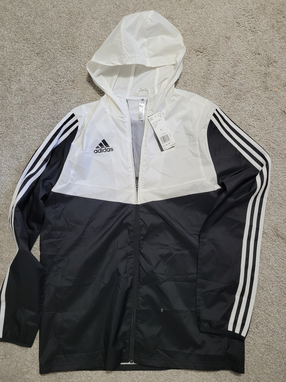 Kids adidas White and Black Hooded Windbreaker with 3-Stripes Size XL
